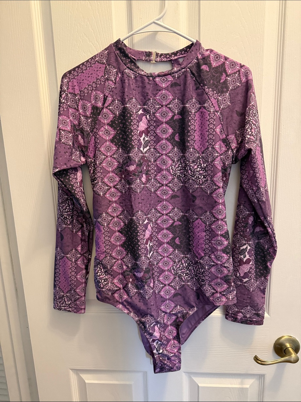 Rusty Purple Patterned Long-Sleeve One-Piece Swimsuit